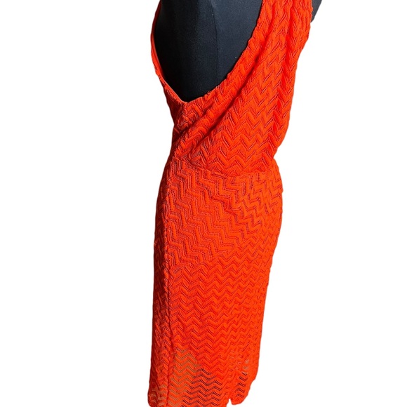 New! MADDEN NYC Adjustable Halter Chevron Lace Texture Orange Midi Dress Large - Picture 6 of 12